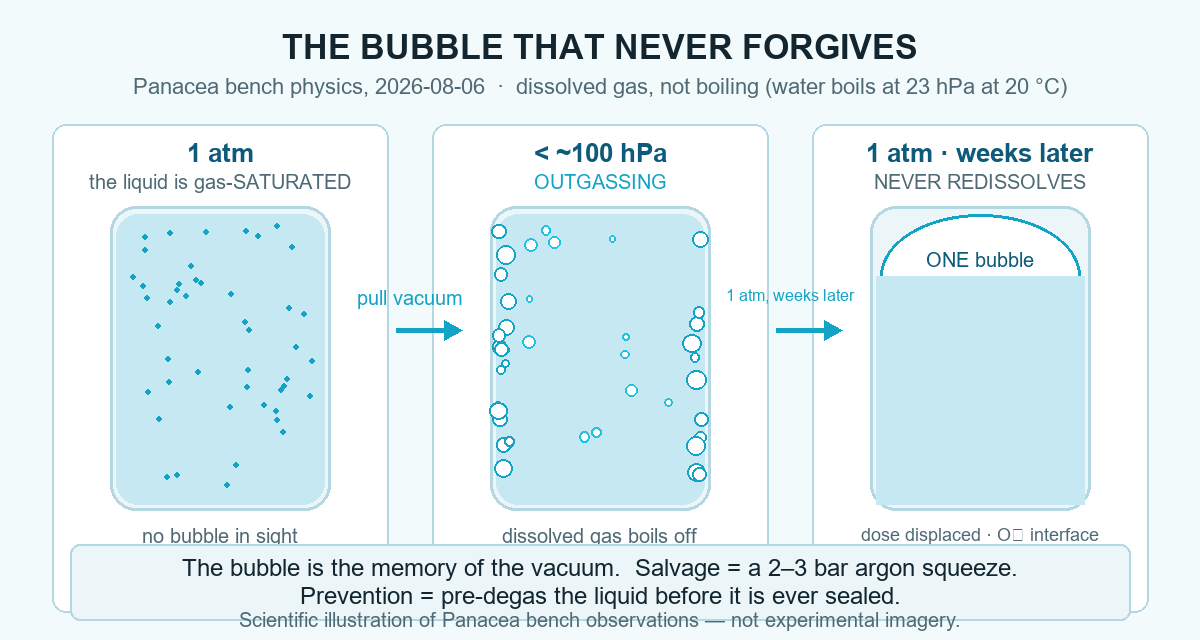 The bubble that never forgives — Panacea bench physics: below ~100 hPa dissolved gas outgasses from the P-EARL reconstitution liquid, and the bubbles never redissolve — weeks at atmosphere later they have coalesced into one permanent bubble — Panacea Bio Chem, by Bogdan Dicoias